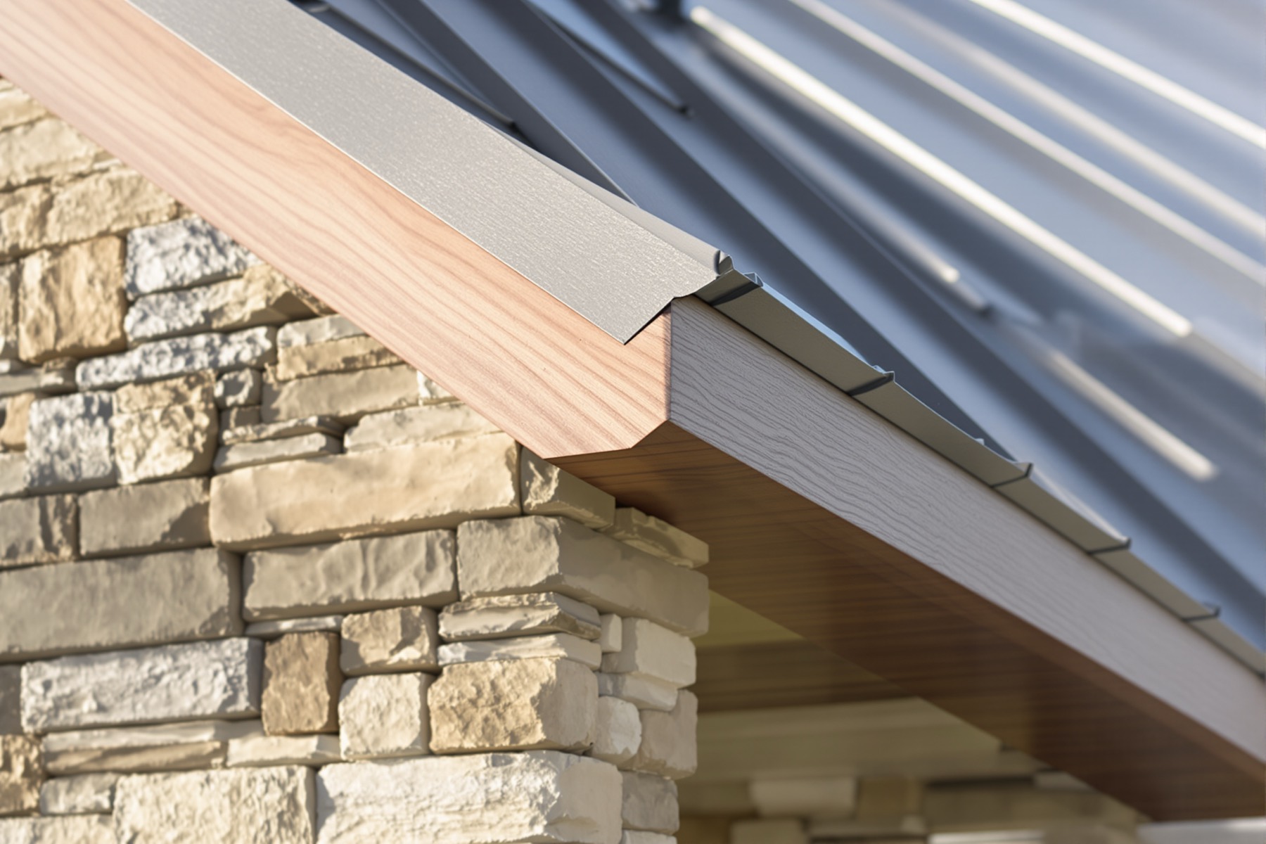 Charcoal standing seam roof edge with cedar fascia above a cut limestone wall