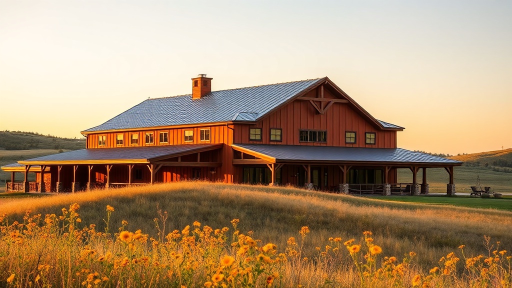 Modern barndominium with standing seam metal roof on Texas Hill Country acreage with rolling hills and wildflowers