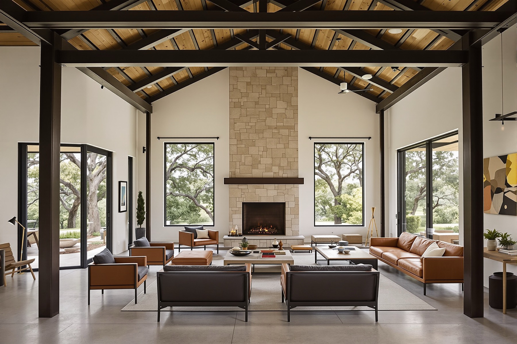 Great room of a steel-frame barndominium with exposed dark steel beams, stained concrete floors, and a limestone fireplace