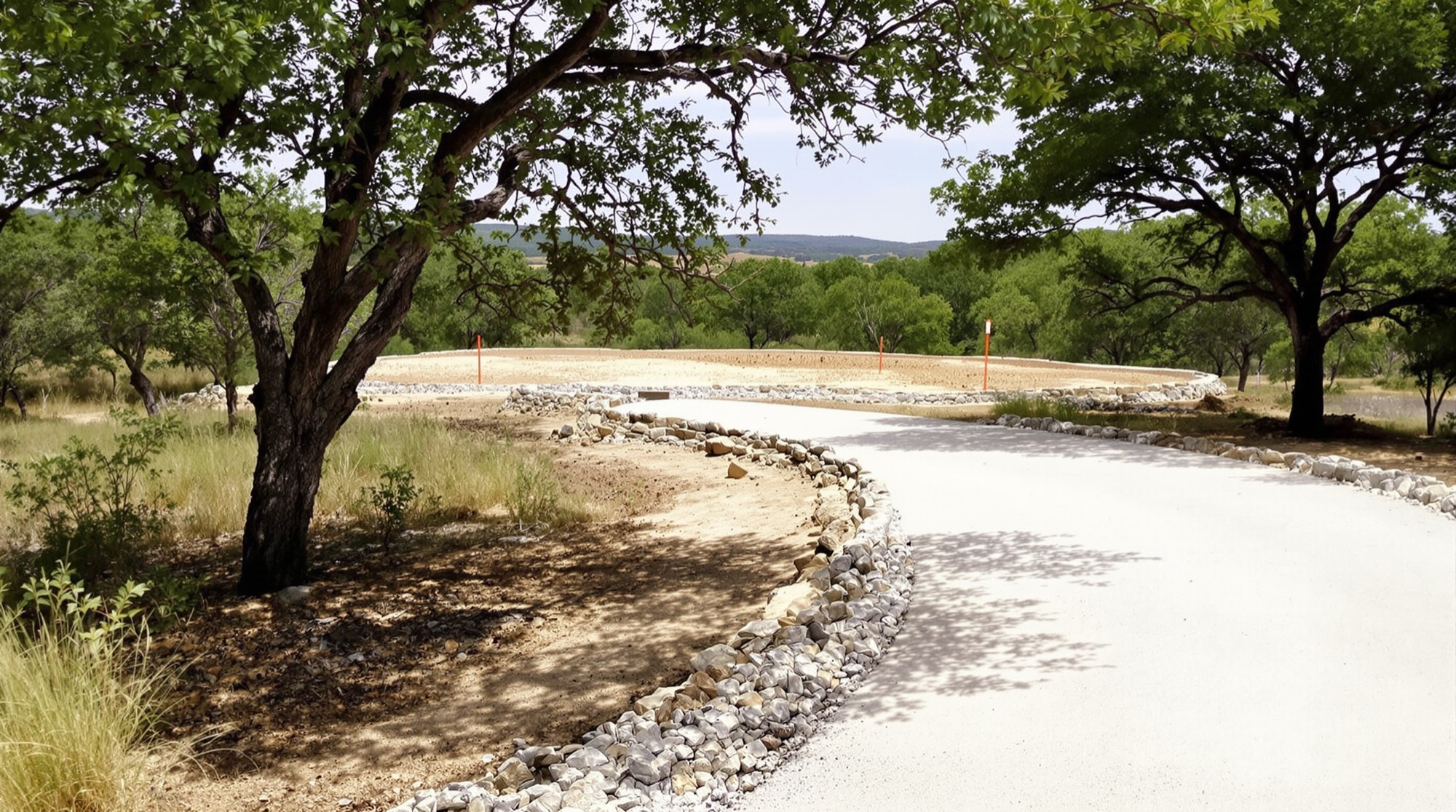 Caliche driveway curving between live oaks to a staked building site on raw acreage
