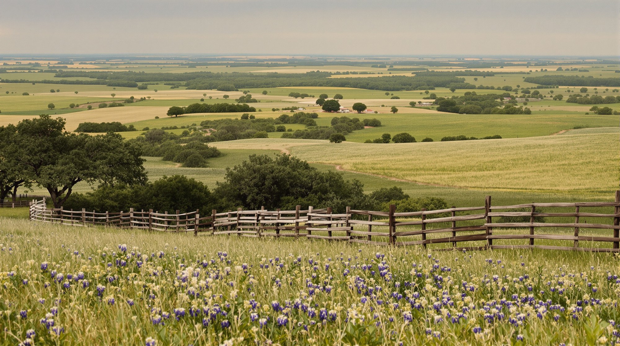 Spring pasture with bluebonnets, live oak motts, and a cedar-post ranch fence in the Texas Hill Country