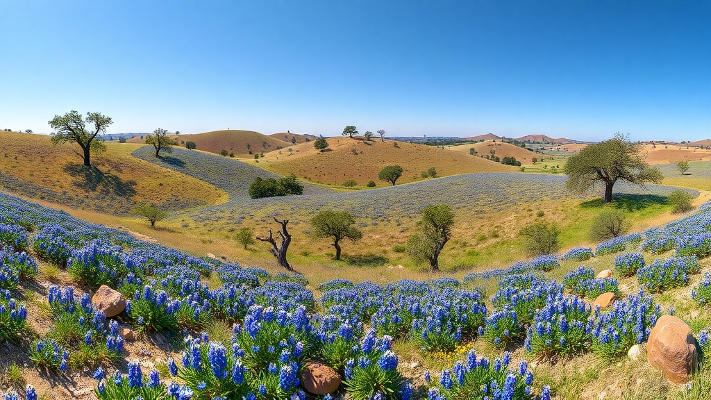 Texas Hill Country landscape with rolling limestone hills, live oaks, and spring wildflowers near Fredericksburg