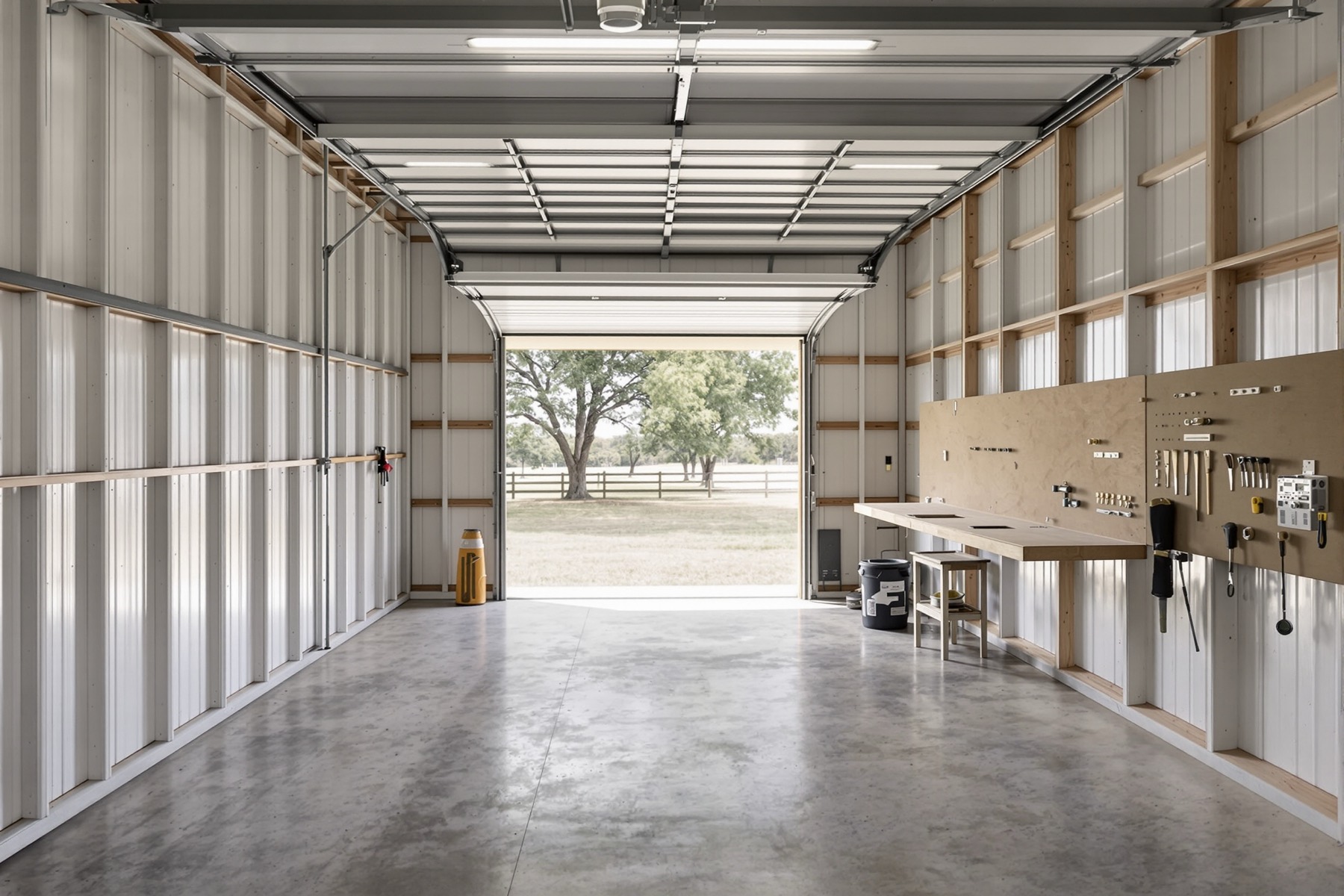 Insulated steel workshop bay with a tall roll-up door open to an oak-studded pasture
